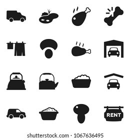 Flat vector icon set - drying clothes vector, foam basin, kettle, mushroom, chicken leg, car, broken bone, pond, garage, rent signboard