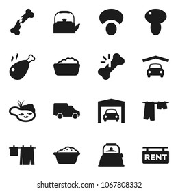 Flat vector icon set - drying clothes vector, foam basin, kettle, mushroom, chicken leg, car, broken bone, pond, garage, rent signboard