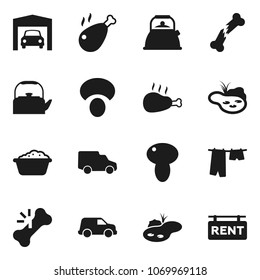Flat vector icon set - drying clothes vector, foam basin, kettle, mushroom, chicken leg, car, broken bone, pond, garage, rent signboard