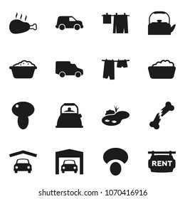 Flat vector icon set - drying clothes vector, foam basin, kettle, mushroom, chicken leg, car, broken bone, pond, garage, rent signboard