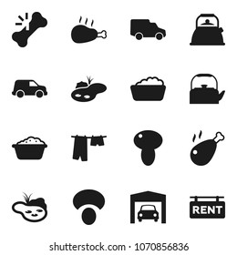 Flat vector icon set - drying clothes vector, foam basin, kettle, mushroom, chicken leg, car, broken bone, pond, garage, rent signboard