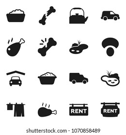 Flat vector icon set - drying clothes vector, foam basin, kettle, mushroom, chicken leg, car, broken bone, pond, garage, rent signboard