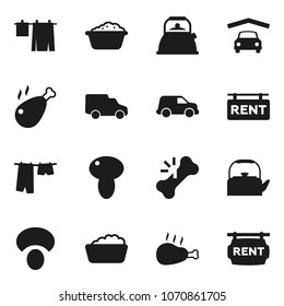 Flat vector icon set - drying clothes vector, foam basin, kettle, mushroom, chicken leg, car, broken bone, garage, rent signboard