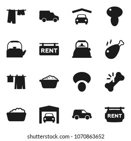 Flat vector icon set - drying clothes vector, foam basin, kettle, mushroom, chicken leg, car, broken bone, garage, rent signboard