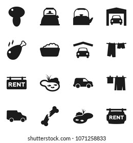 Flat vector icon set - drying clothes vector, foam basin, kettle, mushroom, chicken leg, car, broken bone, pond, garage, rent signboard