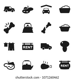 Flat vector icon set - drying clothes vector, foam basin, kettle, mushroom, chicken leg, car, broken bone, pond, garage, rent signboard