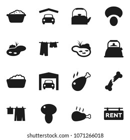 Flat vector icon set - drying clothes vector, foam basin, kettle, mushroom, chicken leg, broken bone, pond, garage, rent signboard