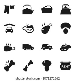 Flat vector icon set - drying clothes vector, foam basin, kettle, mushroom, chicken leg, car, broken bone, pond, garage, rent signboard