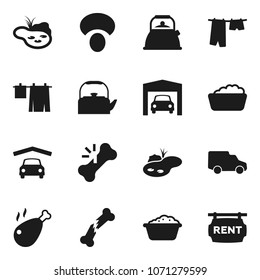 Flat vector icon set - drying clothes vector, foam basin, kettle, mushroom, chicken leg, car, broken bone, pond, garage, rent signboard