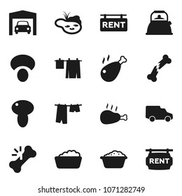 Flat vector icon set - drying clothes vector, foam basin, kettle, mushroom, chicken leg, car, broken bone, pond, garage, rent signboard