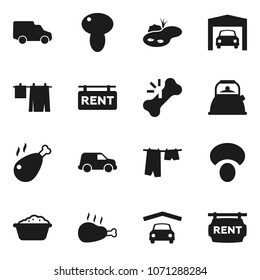 Flat vector icon set - drying clothes vector, foam basin, kettle, mushroom, chicken leg, car, broken bone, pond, garage, rent signboard