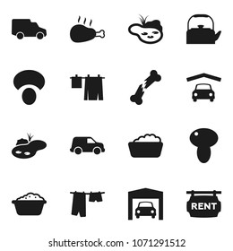 Flat vector icon set - drying clothes vector, foam basin, kettle, mushroom, chicken leg, car, broken bone, pond, garage, rent signboard