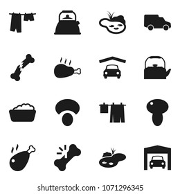 Flat vector icon set - drying clothes vector, foam basin, kettle, mushroom, chicken leg, car, broken bone, pond, garage