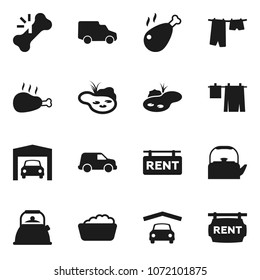 Flat vector icon set - drying clothes vector, foam basin, kettle, chicken leg, car, broken bone, pond, garage, rent signboard