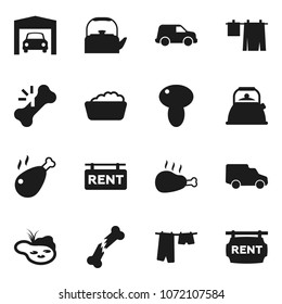 Flat vector icon set - drying clothes vector, foam basin, kettle, mushroom, chicken leg, car, broken bone, pond, garage, rent signboard