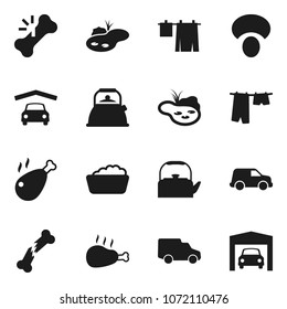 Flat vector icon set - drying clothes vector, foam basin, kettle, mushroom, chicken leg, car, broken bone, pond, garage