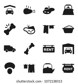 Flat vector icon set - drying clothes vector, foam basin, kettle, mushroom, chicken leg, car, broken bone, pond, garage, rent signboard