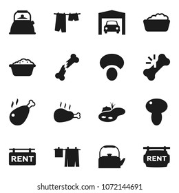 Flat vector icon set - drying clothes vector, foam basin, kettle, mushroom, chicken leg, broken bone, pond, garage, rent signboard