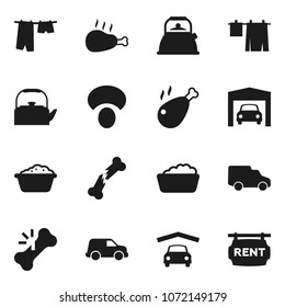 Flat vector icon set - drying clothes vector, foam basin, kettle, mushroom, chicken leg, car, broken bone, garage, rent signboard