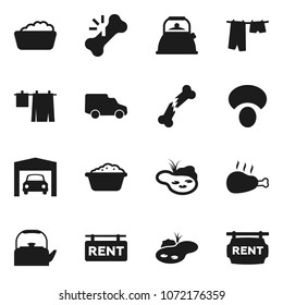 Flat vector icon set - drying clothes vector, foam basin, kettle, mushroom, chicken leg, car, broken bone, pond, garage, rent signboard