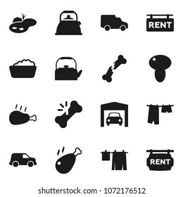 Flat vector icon set - drying clothes vector, foam basin, kettle, mushroom, chicken leg, car, broken bone, pond, garage, rent signboard