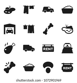 Flat vector icon set - drying clothes vector, foam basin, kettle, mushroom, chicken leg, car, broken bone, pond, garage, rent signboard