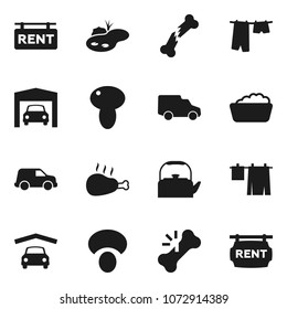 Flat vector icon set - drying clothes vector, foam basin, kettle, mushroom, chicken leg, car, broken bone, pond, garage, rent signboard
