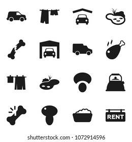 Flat vector icon set - drying clothes vector, foam basin, kettle, mushroom, chicken leg, car, broken bone, pond, garage, rent signboard