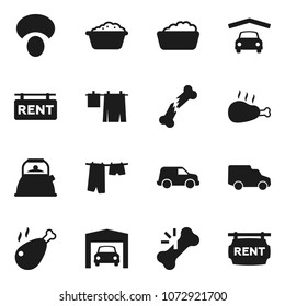 Flat vector icon set - drying clothes vector, foam basin, kettle, mushroom, chicken leg, car, broken bone, garage, rent signboard