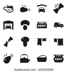 Flat vector icon set - drying clothes vector, foam basin, kettle, mushroom, chicken leg, car, broken bone, pond, garage, rent signboard