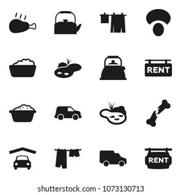 Flat vector icon set - drying clothes vector, foam basin, kettle, mushroom, chicken leg, car, broken bone, pond, garage, rent signboard