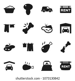 Flat vector icon set - drying clothes vector, foam basin, kettle, mushroom, chicken leg, car, broken bone, pond, garage, rent signboard