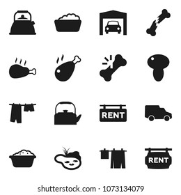 Flat vector icon set - drying clothes vector, foam basin, kettle, mushroom, chicken leg, car, broken bone, pond, garage, rent signboard