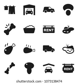 Flat vector icon set - drying clothes vector, foam basin, mushroom, chicken leg, car, broken bone, pond, garage, rent signboard