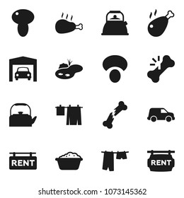 Flat vector icon set - drying clothes vector, foam basin, kettle, mushroom, chicken leg, car, broken bone, pond, garage, rent signboard