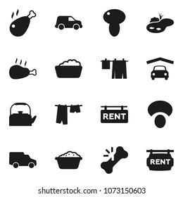 Flat vector icon set - drying clothes vector, foam basin, kettle, mushroom, chicken leg, car, broken bone, pond, garage, rent signboard