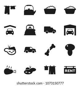 Flat vector icon set - drying clothes vector, foam basin, kettle, mushroom, chicken leg, car, broken bone, pond, garage, rent signboard