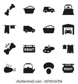 Flat vector icon set - drying clothes vector, foam basin, kettle, mushroom, chicken leg, car, broken bone, pond, garage, rent signboard