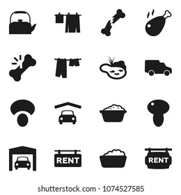 Flat vector icon set - drying clothes vector, foam basin, kettle, mushroom, chicken leg, car, broken bone, pond, garage, rent signboard