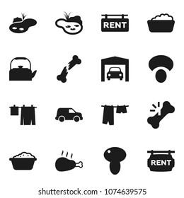 Flat vector icon set - drying clothes vector, foam basin, kettle, mushroom, chicken leg, car, broken bone, pond, garage, rent signboard