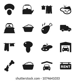 Flat vector icon set - drying clothes vector, foam basin, kettle, mushroom, chicken leg, car, broken bone, pond, garage, rent signboard