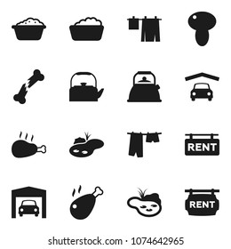 Flat vector icon set - drying clothes vector, foam basin, kettle, mushroom, chicken leg, broken bone, pond, garage, rent signboard
