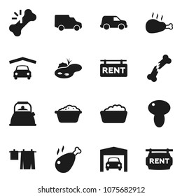 Flat vector icon set - drying clothes vector, foam basin, kettle, mushroom, chicken leg, car, broken bone, pond, garage, rent signboard