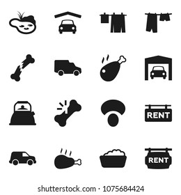 Flat vector icon set - drying clothes vector, foam basin, kettle, mushroom, chicken leg, car, broken bone, pond, garage, rent signboard