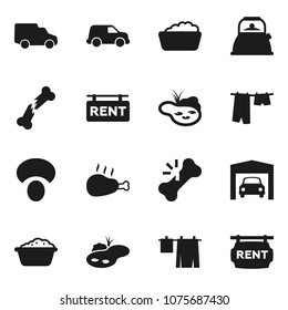 Flat vector icon set - drying clothes vector, foam basin, kettle, mushroom, chicken leg, car, broken bone, pond, garage, rent signboard