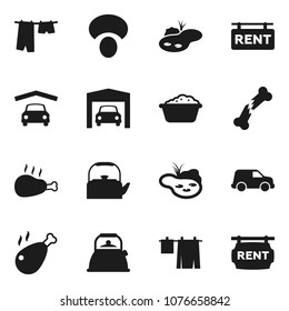 Flat vector icon set - drying clothes vector, foam basin, kettle, mushroom, chicken leg, car, broken bone, pond, garage, rent signboard