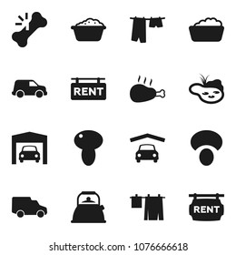 Flat vector icon set - drying clothes vector, foam basin, kettle, mushroom, chicken leg, car, broken bone, pond, garage, rent signboard