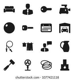 Flat vector icon set - drying clothes vector, meat hammer, jug, jump rope, fitball, hoop, client, calendar, speaking man, key, garage, cushioned furniture, grinder, fan, fireplace