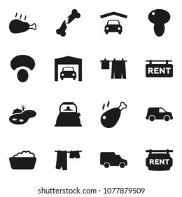 Flat vector icon set - drying clothes vector, foam basin, kettle, mushroom, chicken leg, car, broken bone, pond, garage, rent signboard