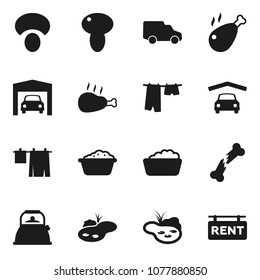 Flat vector icon set - drying clothes vector, foam basin, kettle, mushroom, chicken leg, car, broken bone, pond, garage, rent signboard